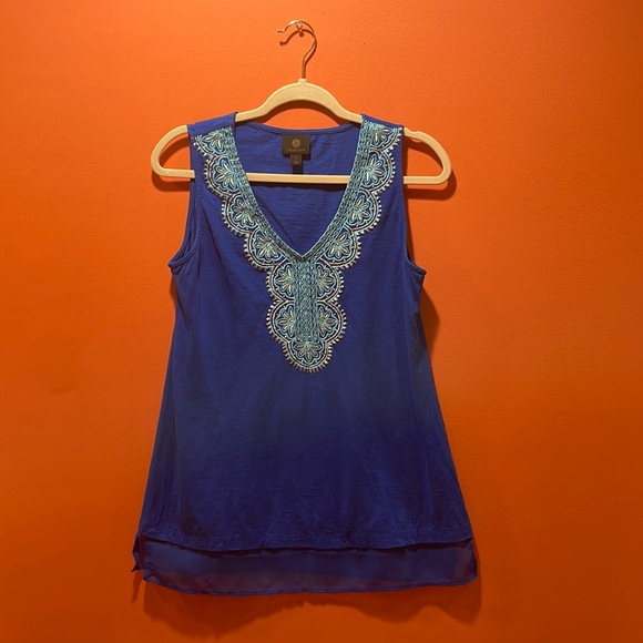JM Collection Blouse sleeveless blue w/silver embroidery V-neck 100% cotton Sz S - Picture 2 of 11